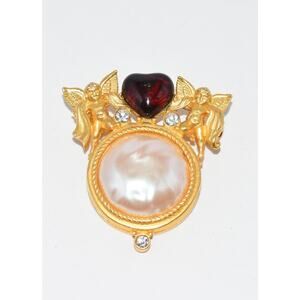 Givenchy Paris Rhinestone Faux Pearl Glass Red Heart Cherub Angel Brooch